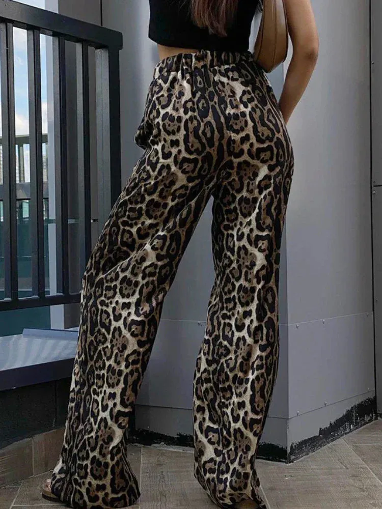 Back To School Joskaa Vintage Leopard Pants Women Streetwear Causal Baggy High Waist Kpop Wide Leg Jogging Trousers Hip Hop Fashion Sweatpants