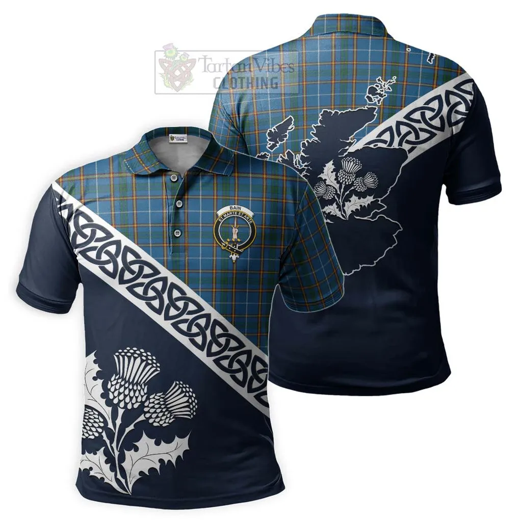 Bain Tartan Polo Shirt Featuring Thistle and Scotland Map