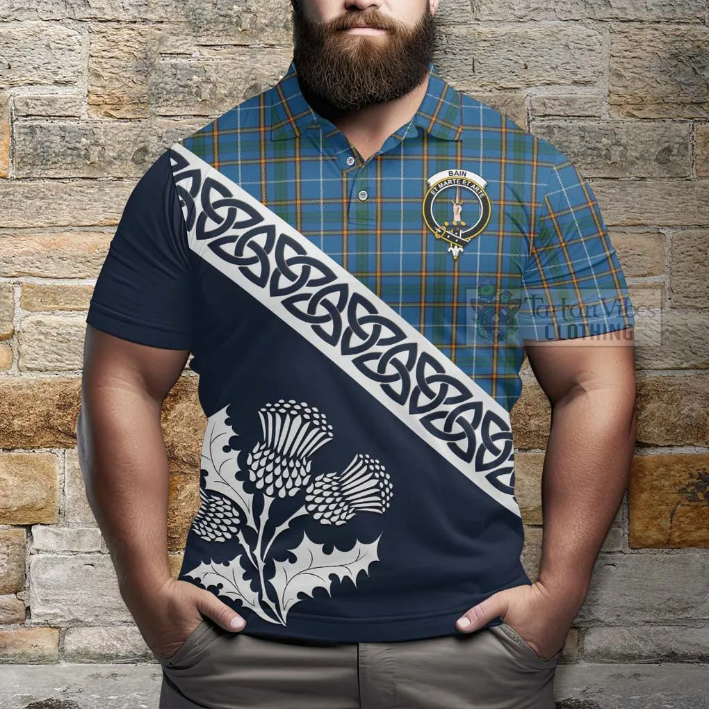 Bain Tartan Polo Shirt Featuring Thistle and Scotland Map