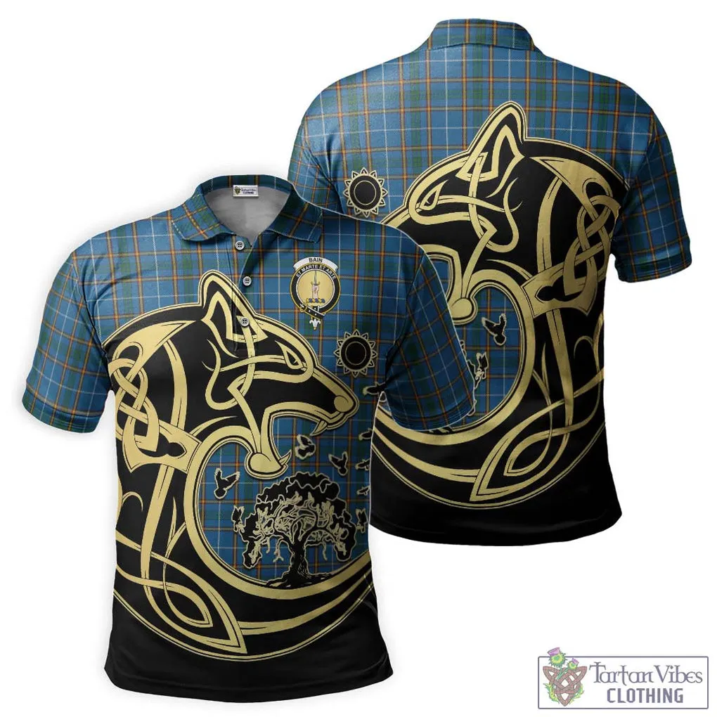 Bain Tartan Polo Shirt with Family Crest Celtic Wolf Style