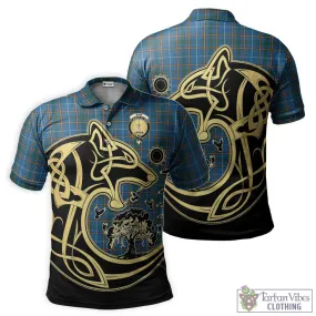 Bain Tartan Polo Shirt with Family Crest Celtic Wolf Style