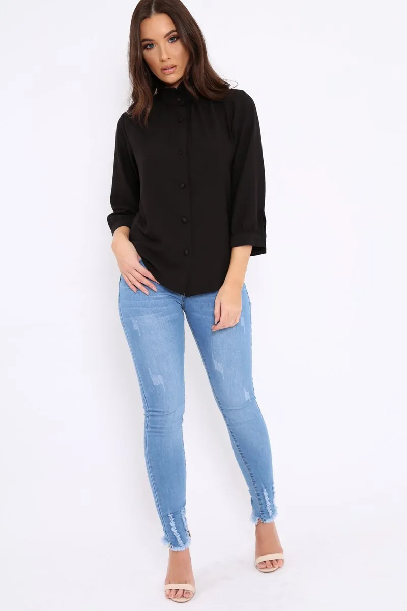 Black Ruffle Neck Blouse with Cut out Back - Amelie