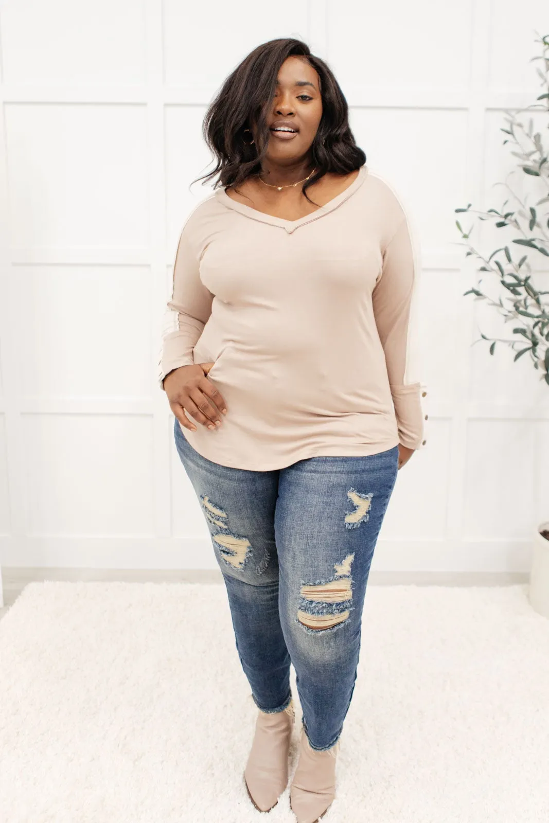 Coffee Date V Neck Top In Taupe