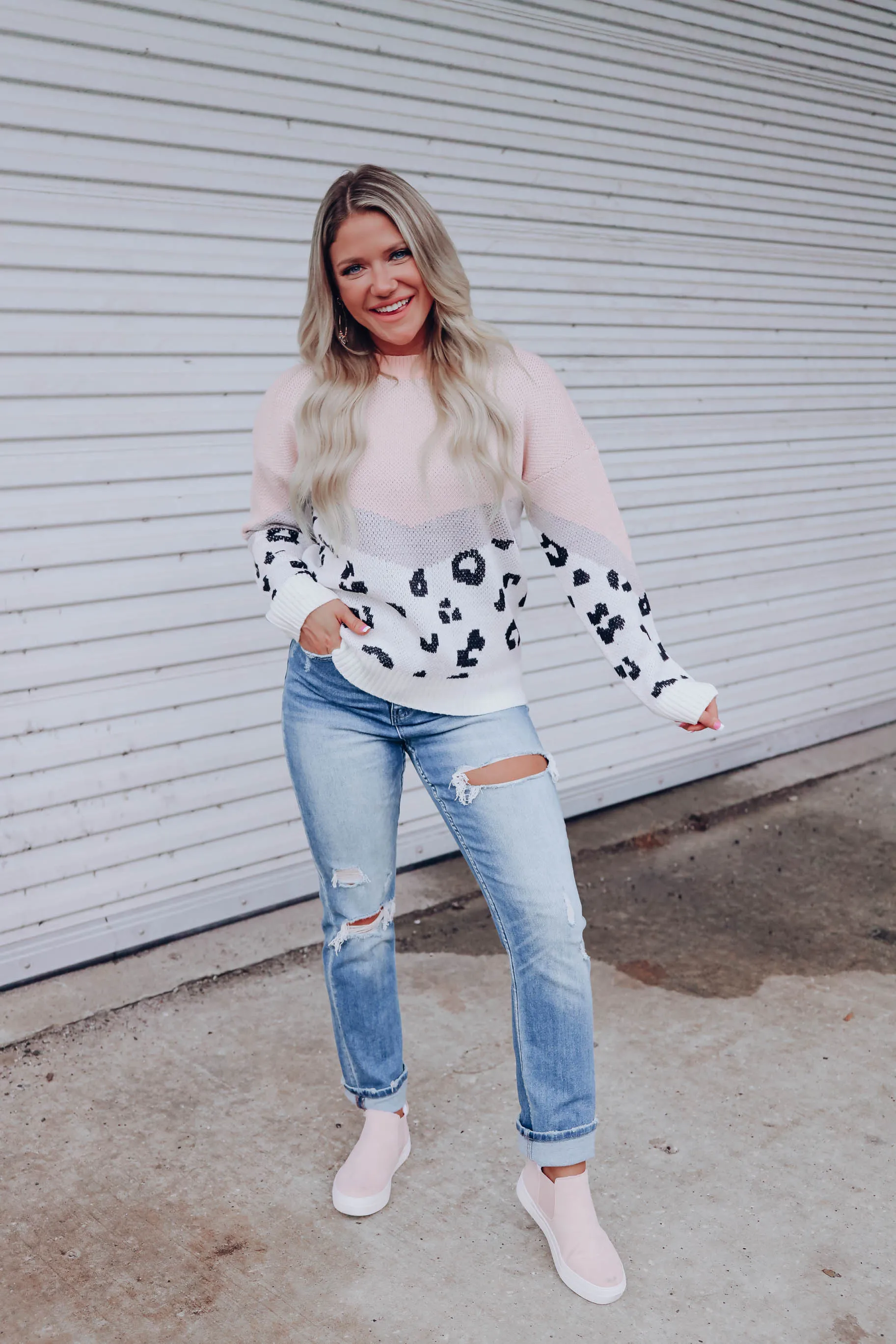 Darling Color Block Leopard Sweater - Blush