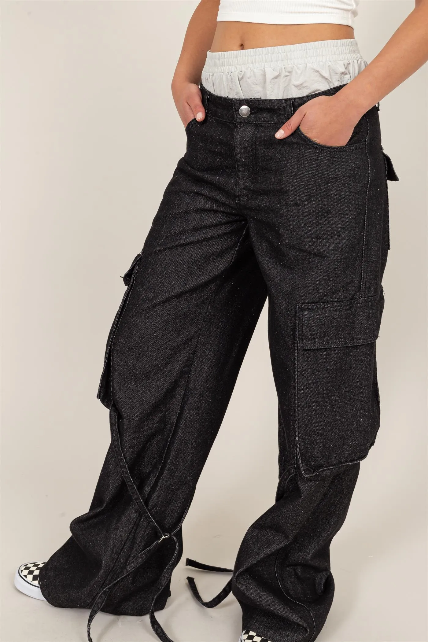 HF24C781-Upscale Vibe Washed Denim Cargo Pants