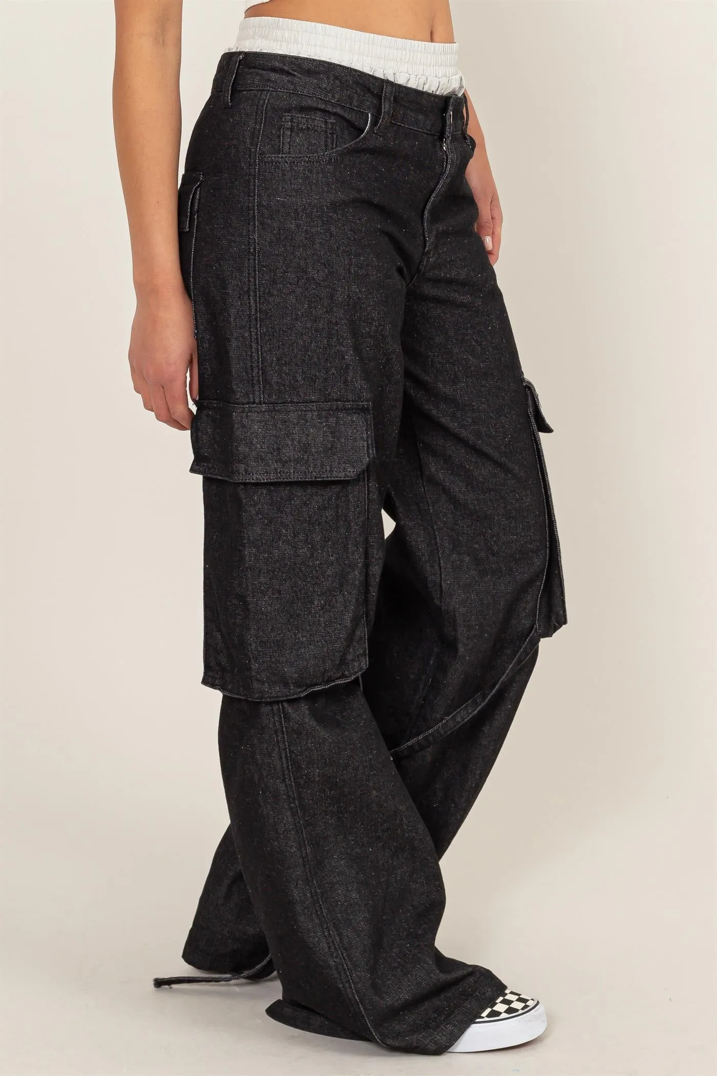 HF24C781-Upscale Vibe Washed Denim Cargo Pants