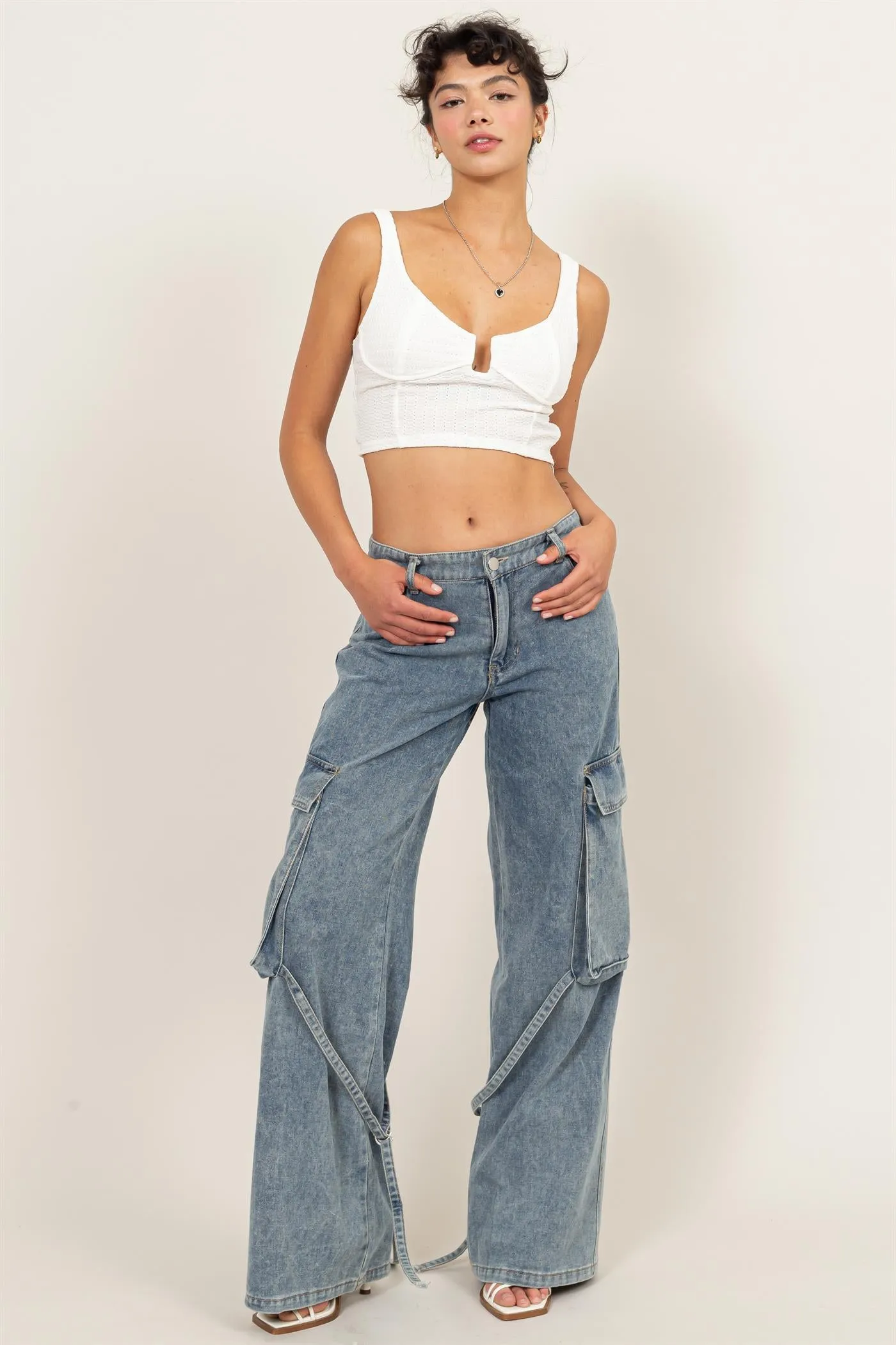 HF24C781-Upscale Vibe Washed Denim Cargo Pants