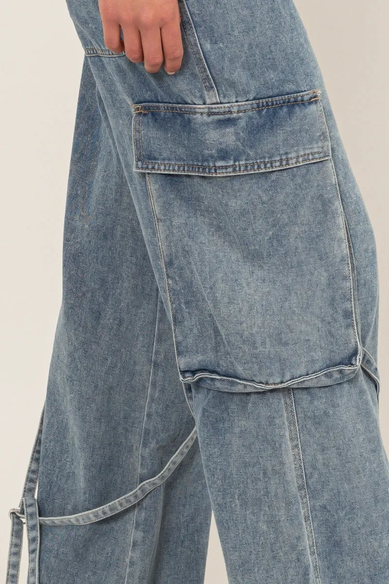 HF24C781-Upscale Vibe Washed Denim Cargo Pants