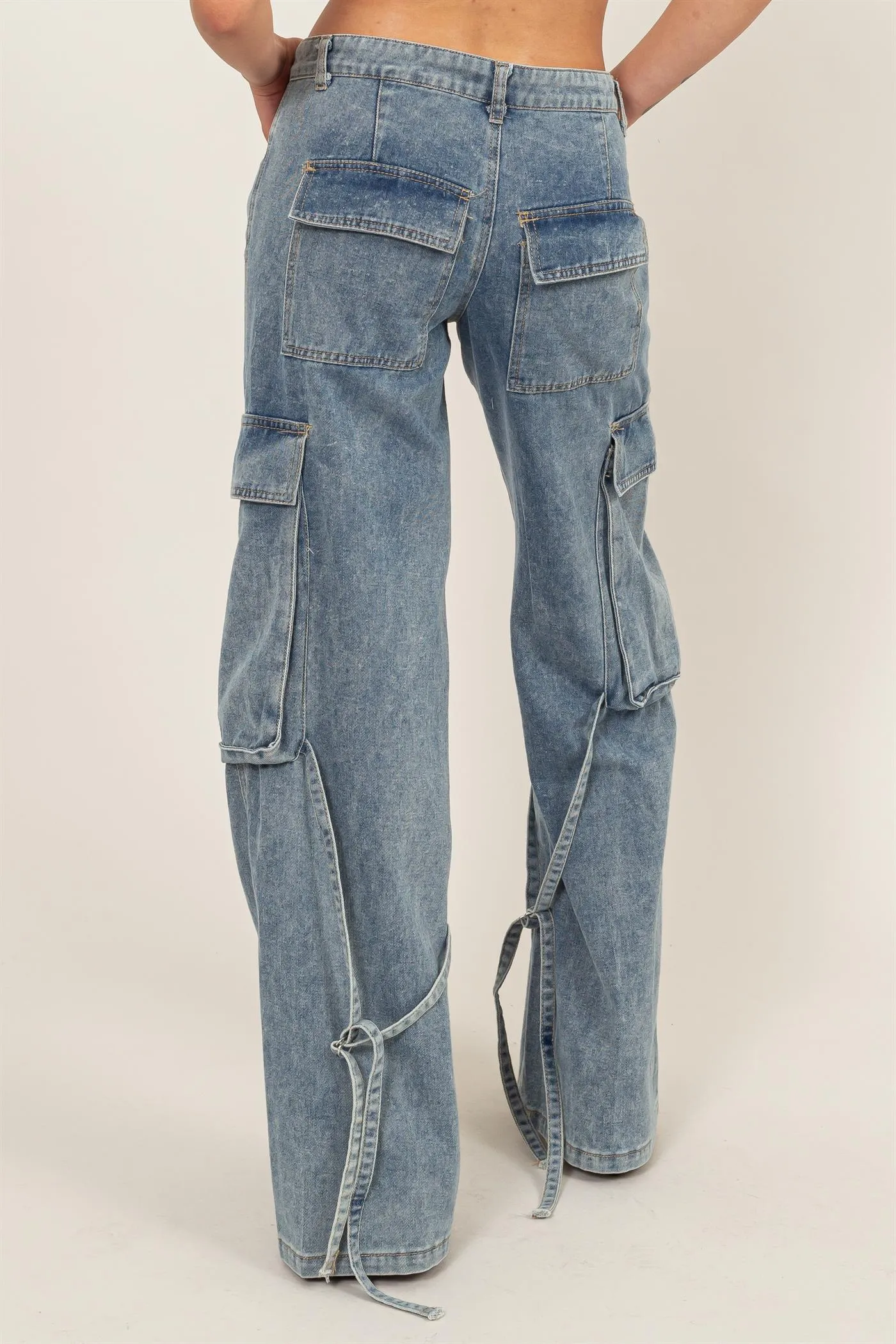 HF24C781-Upscale Vibe Washed Denim Cargo Pants