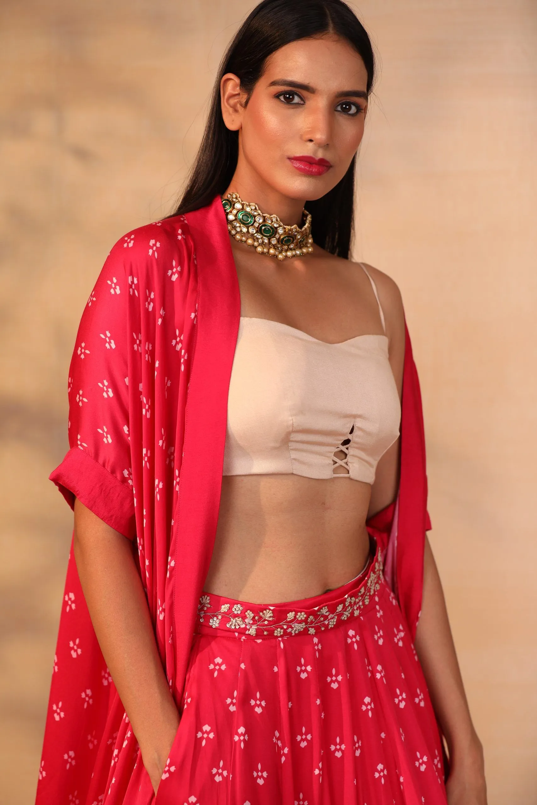 hot pink printed cape in modal satin base