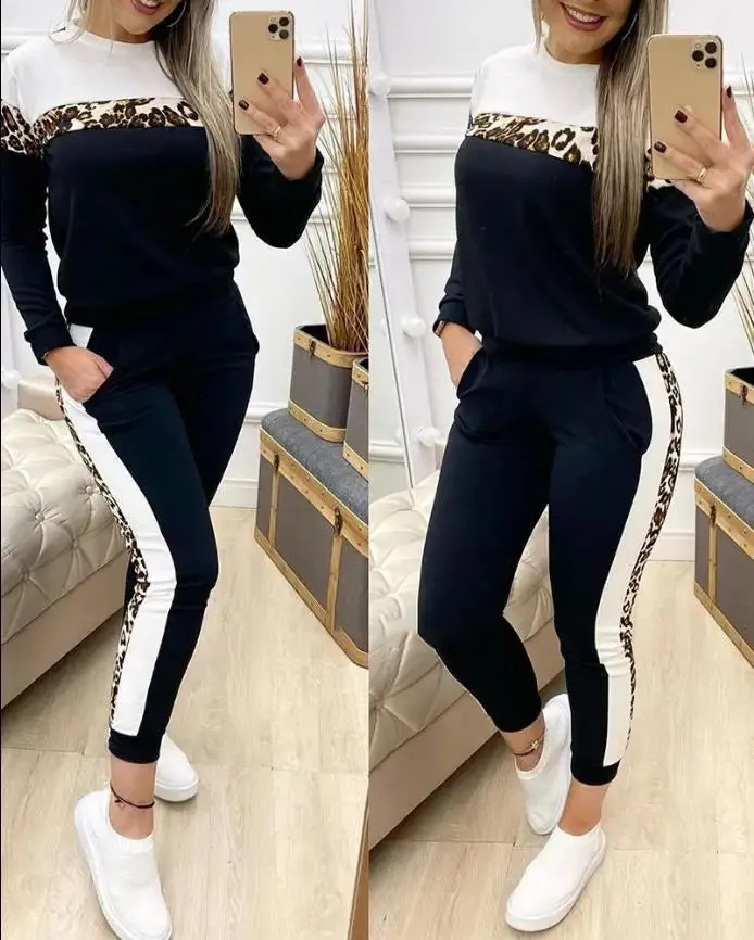 Joskaa Two Piece Women's Casual Set for Autumn and Winter 2024, New Leopard Print Color Blocking Long Sleeved Top and Pants Set