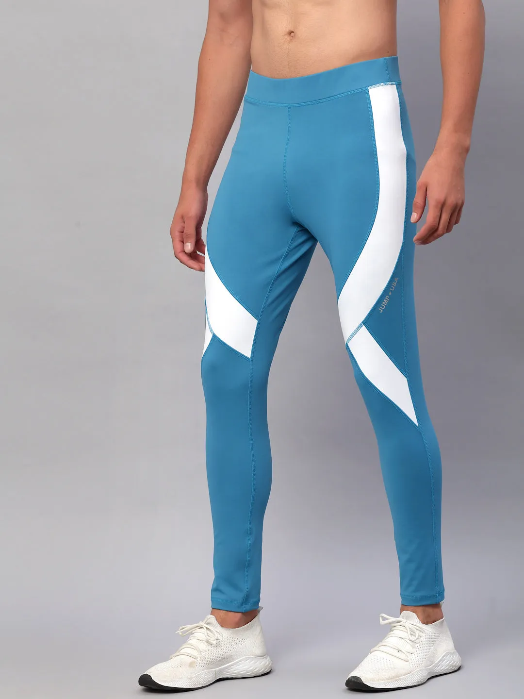 JUMP USA Men Teal & White Rapid Dry-Fit Antimicrobial Running Tights