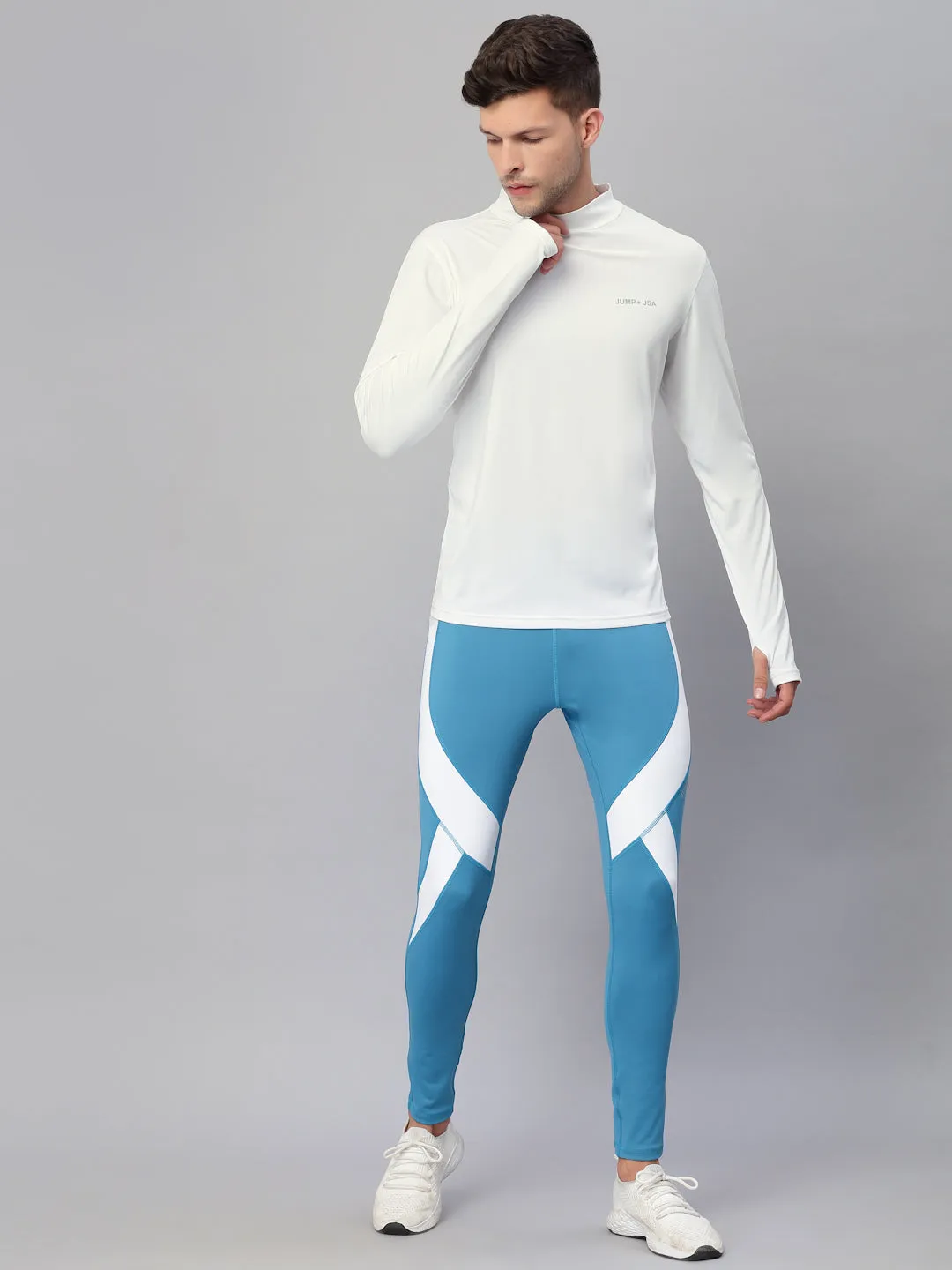 JUMP USA Men Teal & White Rapid Dry-Fit Antimicrobial Running Tights
