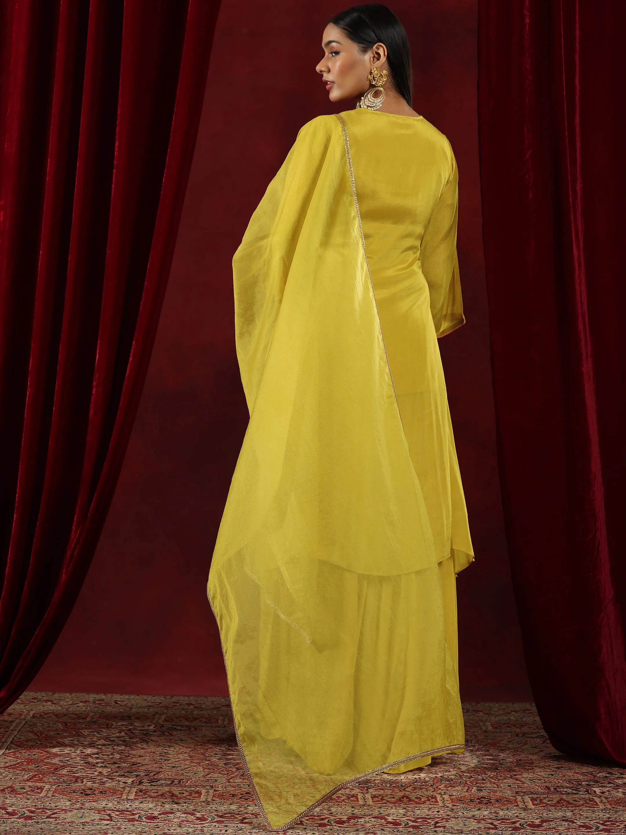 Libas Art Mustard Embroidered Chinon A-Line Kurta With Palazzos & Dupatta