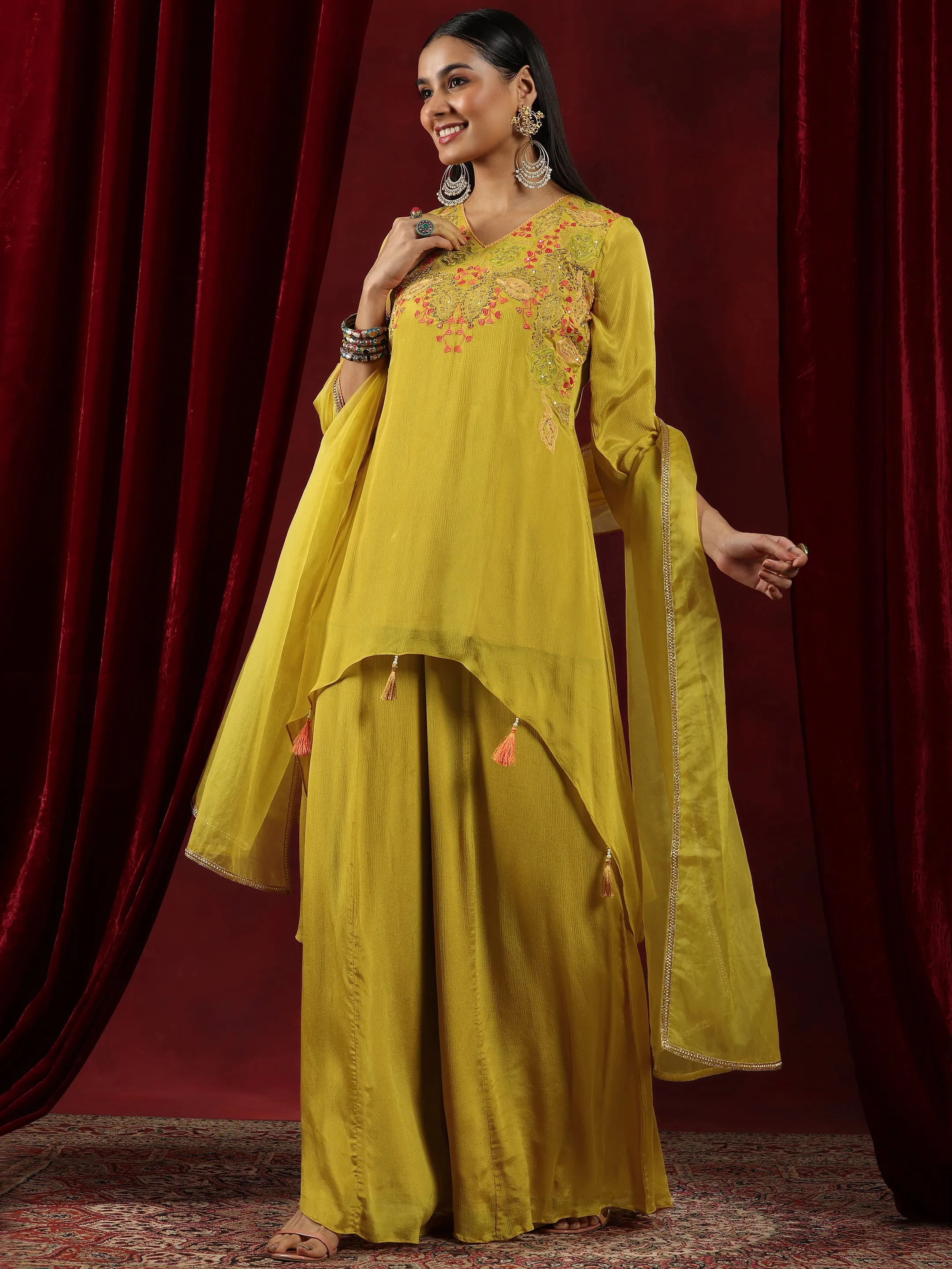 Libas Art Mustard Embroidered Chinon A-Line Kurta With Palazzos & Dupatta