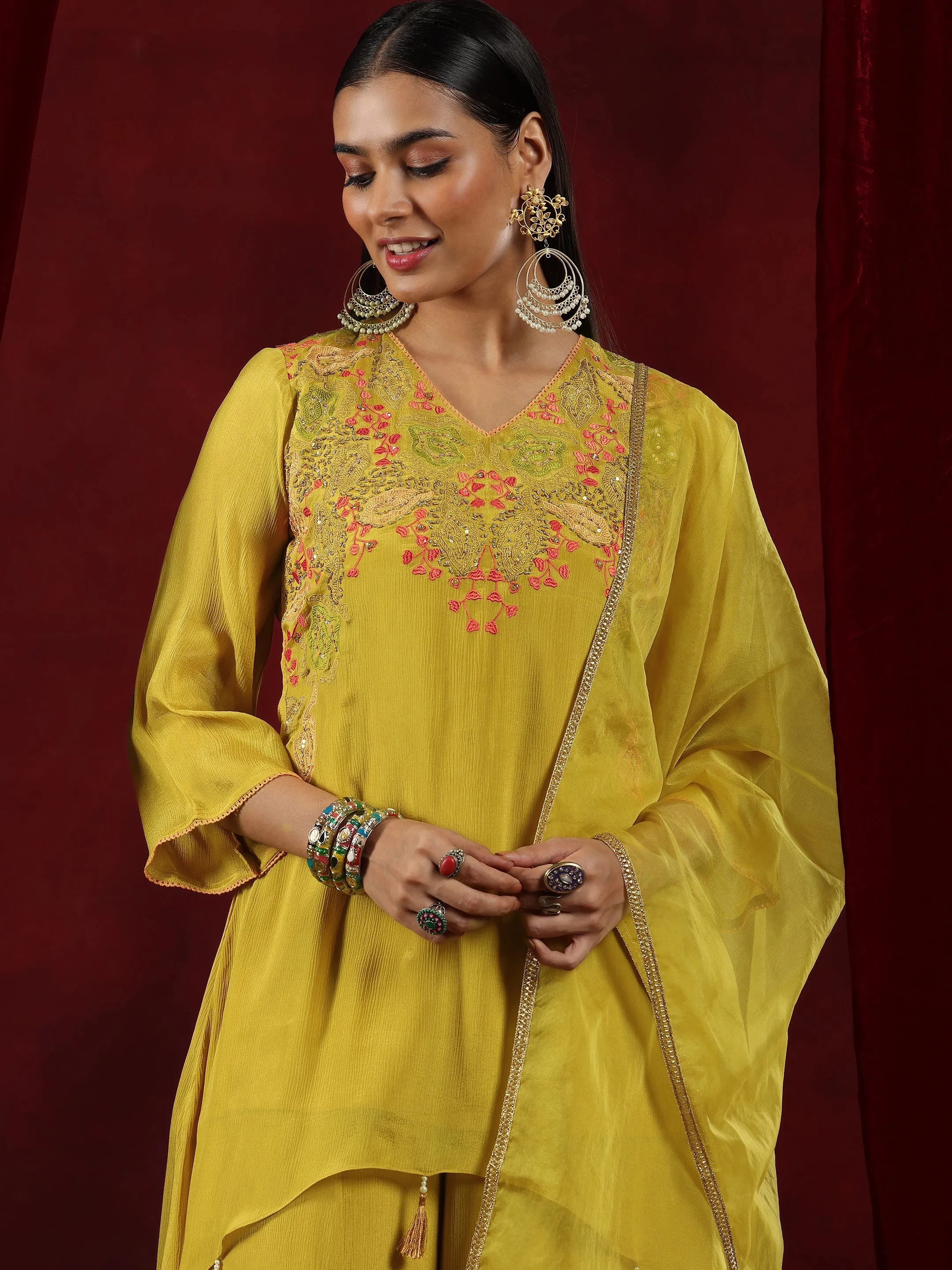 Libas Art Mustard Embroidered Chinon A-Line Kurta With Palazzos & Dupatta
