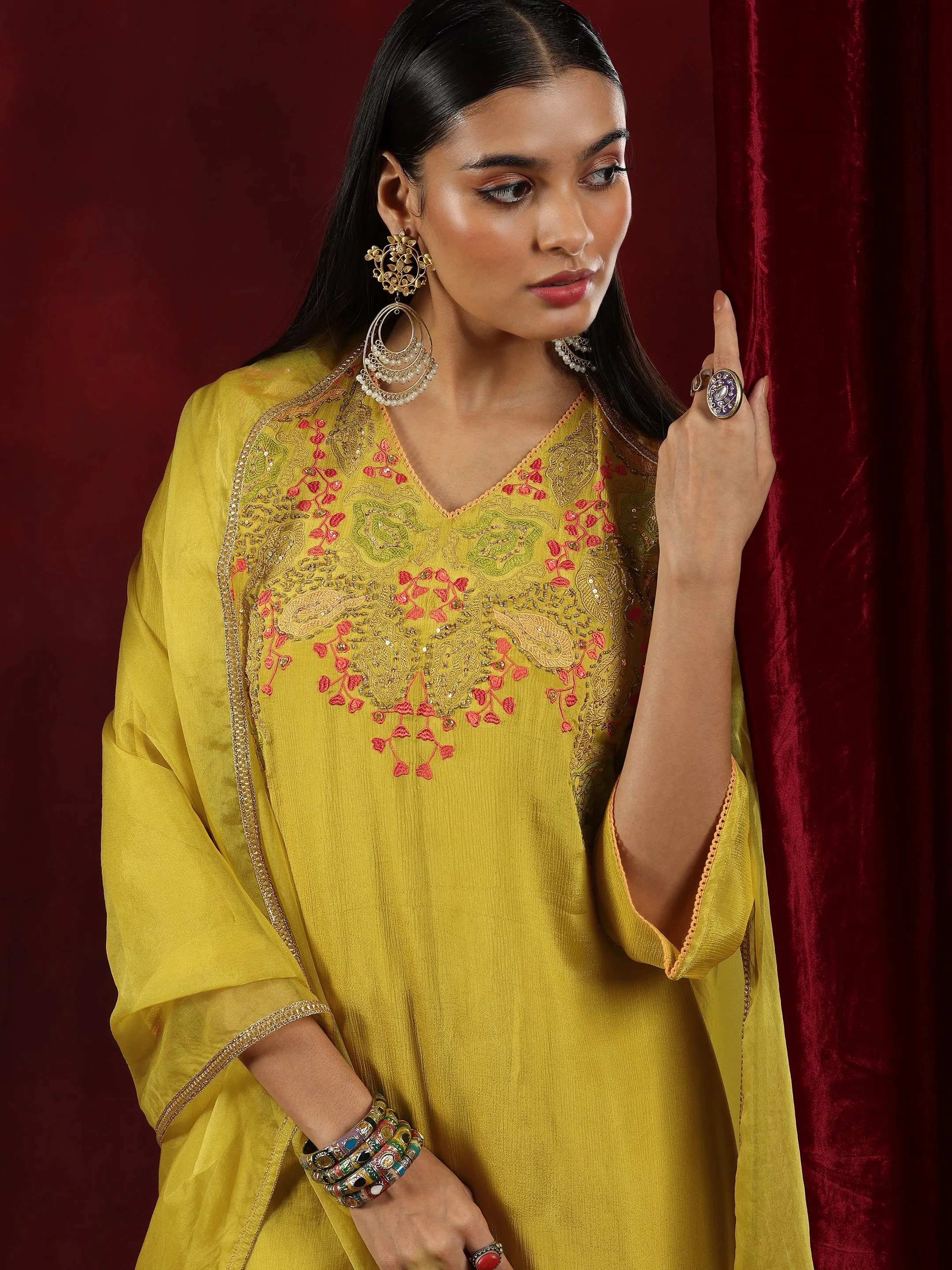 Libas Art Mustard Embroidered Chinon A-Line Kurta With Palazzos & Dupatta