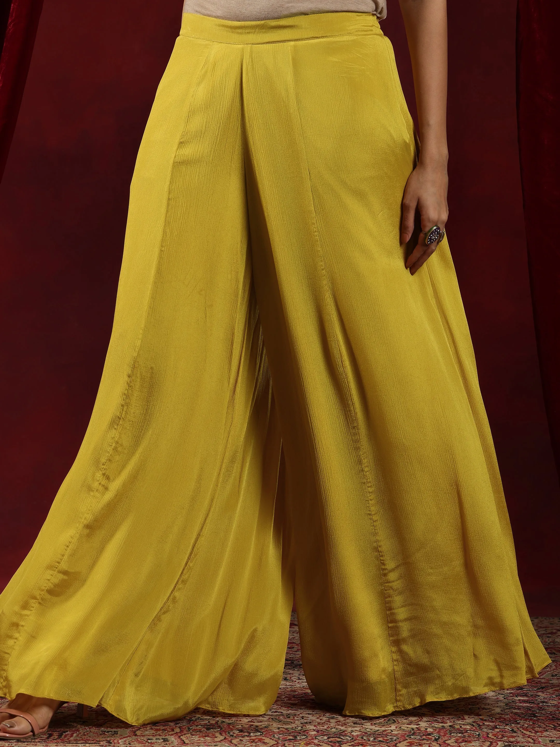 Libas Art Mustard Embroidered Chinon A-Line Kurta With Palazzos & Dupatta