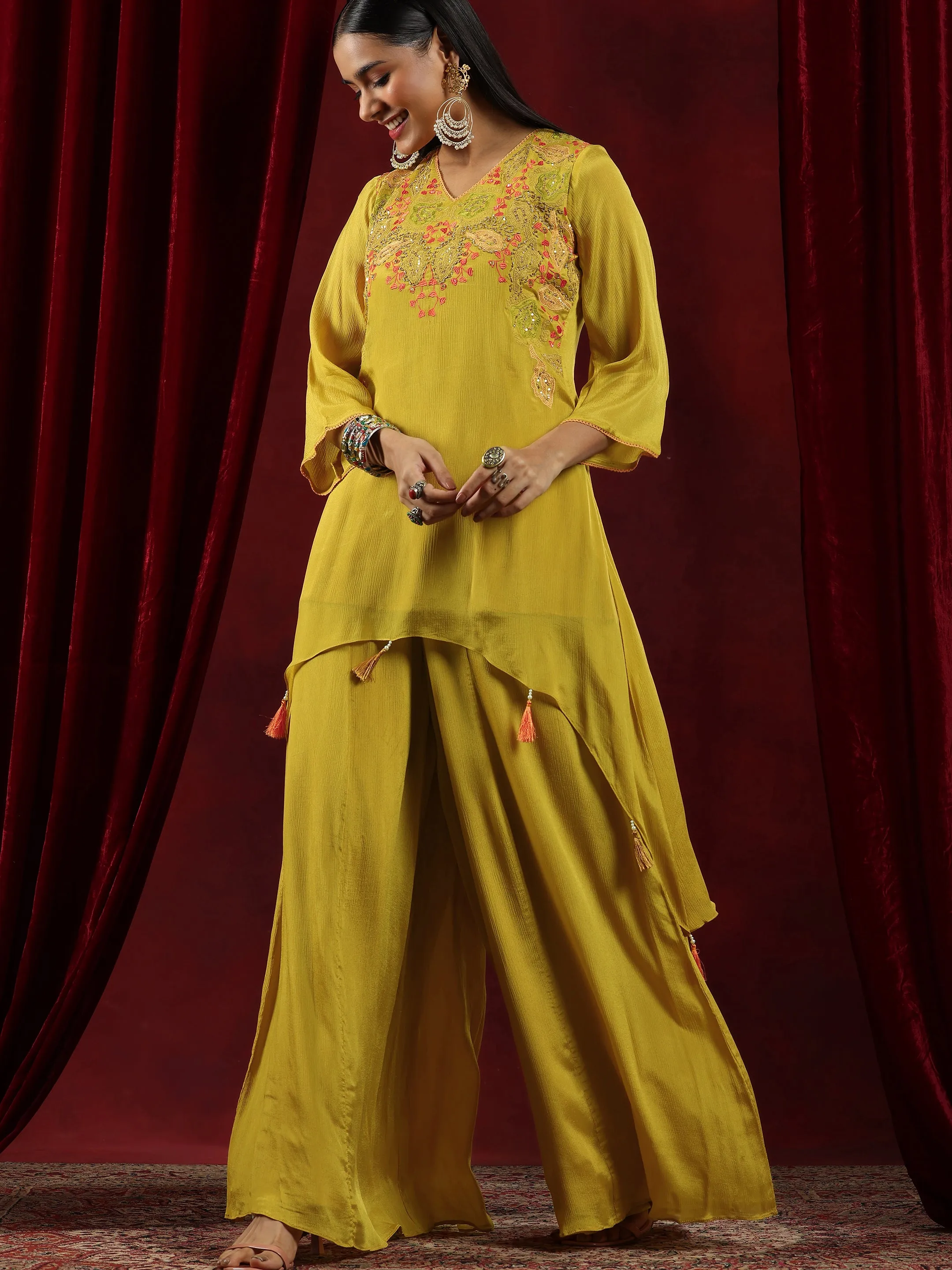 Libas Art Mustard Embroidered Chinon A-Line Kurta With Palazzos & Dupatta