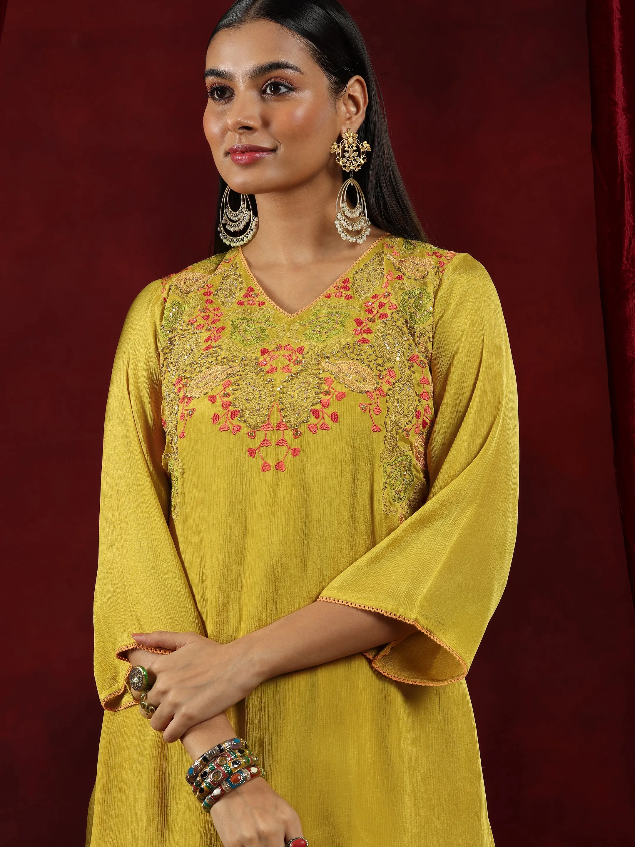 Libas Art Mustard Embroidered Chinon A-Line Kurta With Palazzos & Dupatta