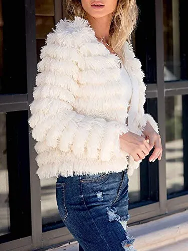 Lovaru Womens Coat Long Sleeve Open Front Parka Shaggy Faux Fur Coat Jacket Parka