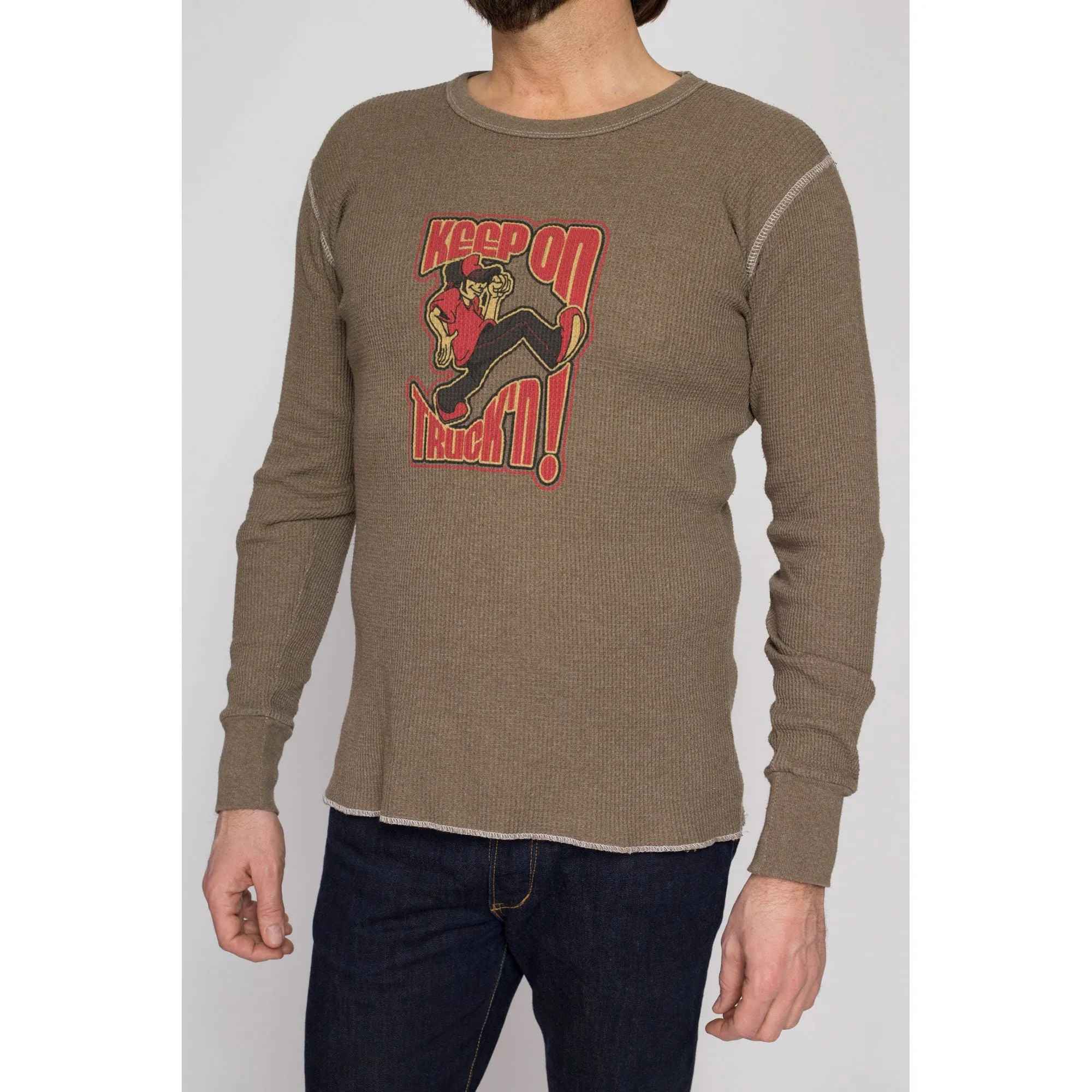 Medium 90s "Keep On Truck'n" Brown Waffle Knit Shirt