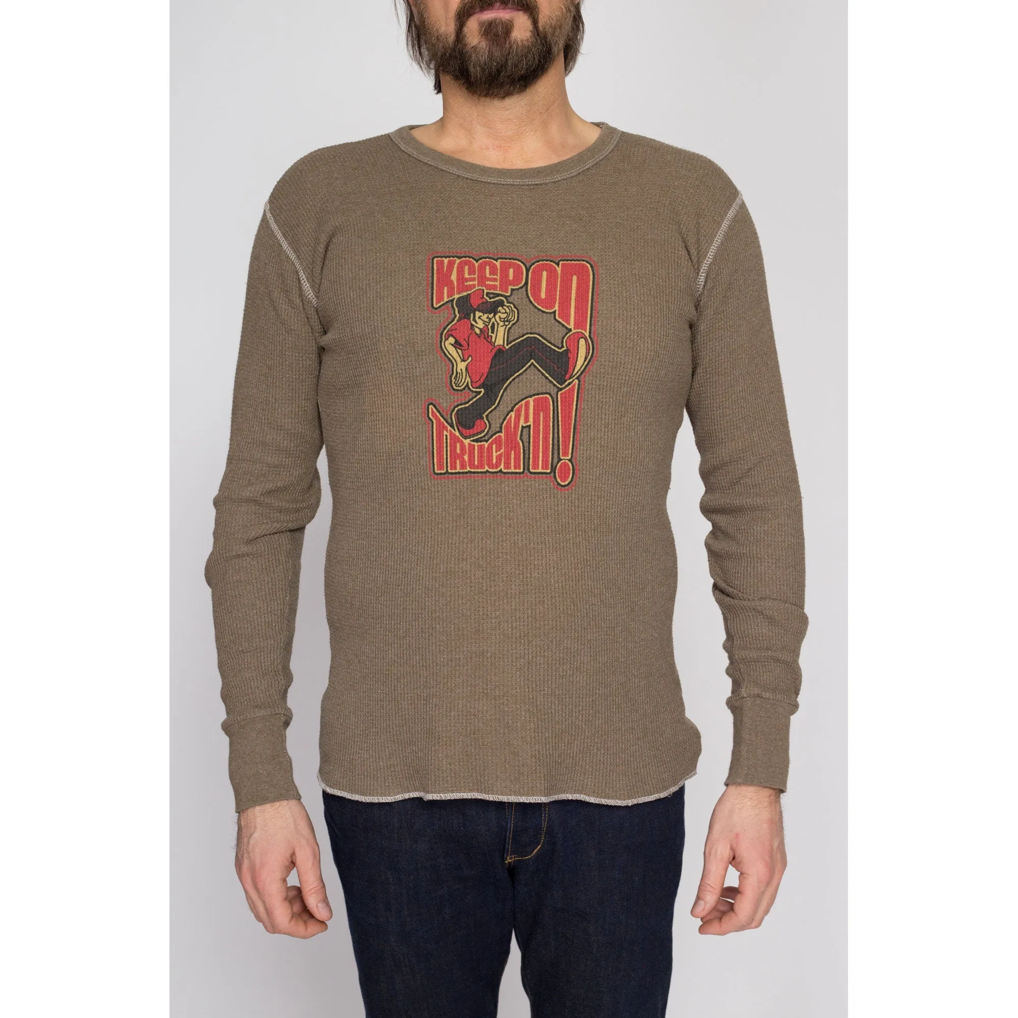 Medium 90s "Keep On Truck'n" Brown Waffle Knit Shirt