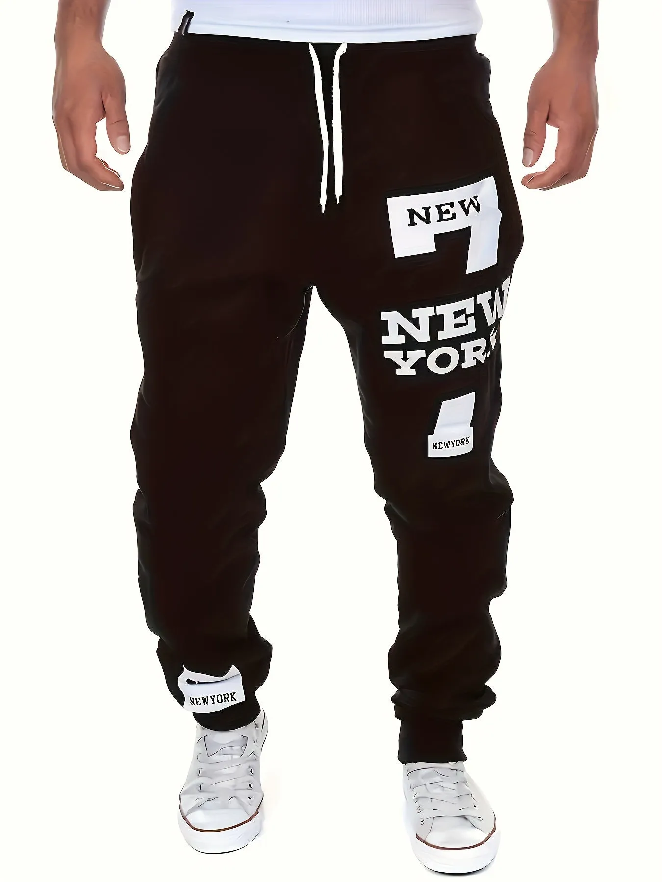 Men's Regular Edition Solid Color Sweatpants With Double Pockets And Drawstring, Letter "NEW YORK" Print Chic Casual Pants, Suitable For Outdoor Activities