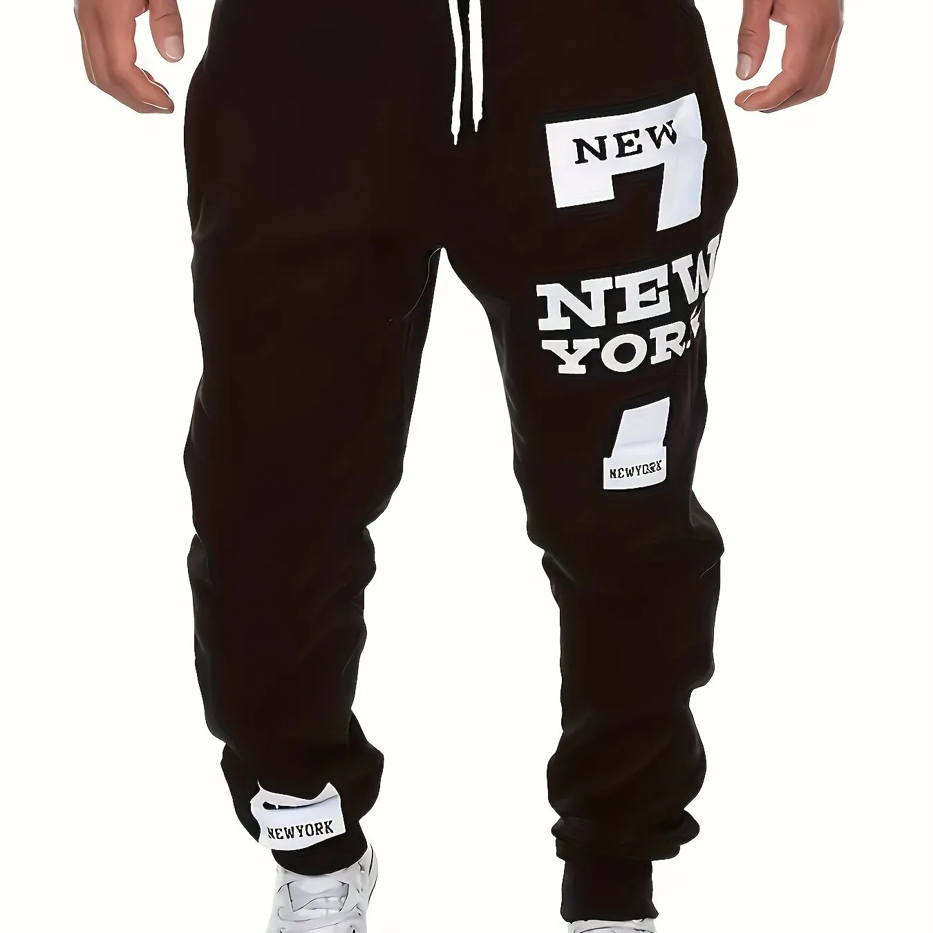Men's Regular Edition Solid Color Sweatpants With Double Pockets And Drawstring, Letter "NEW YORK" Print Chic Casual Pants, Suitable For Outdoor Activities