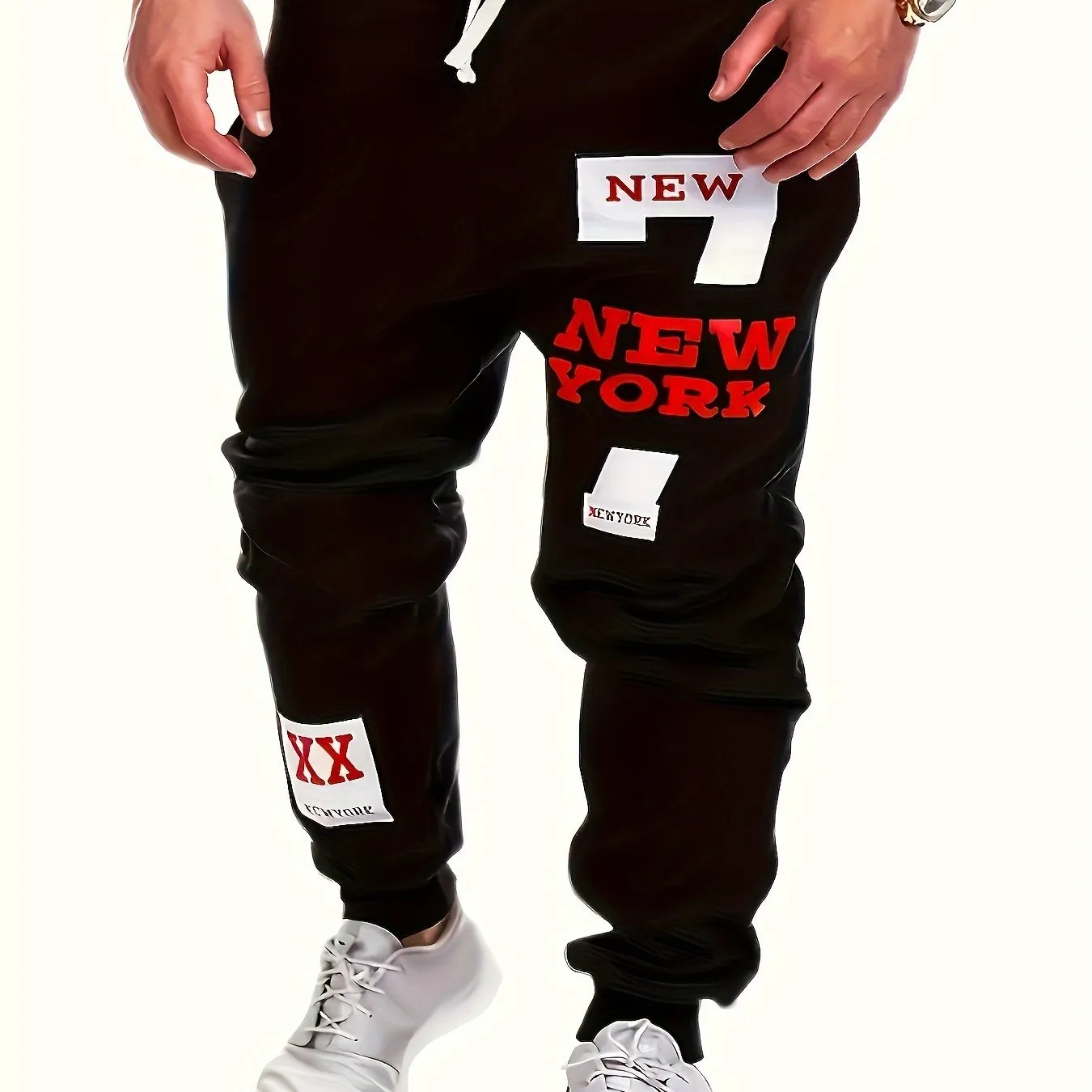 Men's Regular Edition Solid Color Sweatpants With Double Pockets And Drawstring, Letter "NEW YORK" Print Chic Casual Pants, Suitable For Outdoor Activities