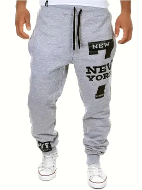 Men's Regular Edition Solid Color Sweatpants With Double Pockets And Drawstring, Letter "NEW YORK" Print Chic Casual Pants, Suitable For Outdoor Activities