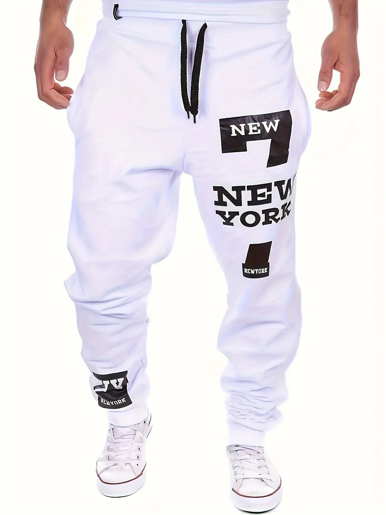 Men's Regular Edition Solid Color Sweatpants With Double Pockets And Drawstring, Letter "NEW YORK" Print Chic Casual Pants, Suitable For Outdoor Activities