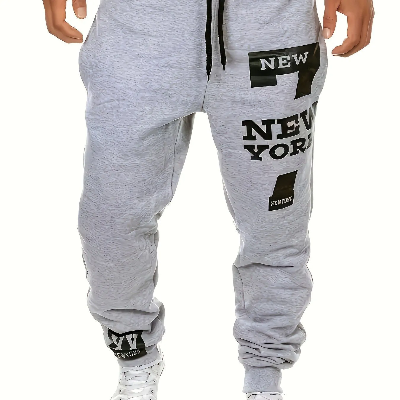 Men's Regular Edition Solid Color Sweatpants With Double Pockets And Drawstring, Letter "NEW YORK" Print Chic Casual Pants, Suitable For Outdoor Activities