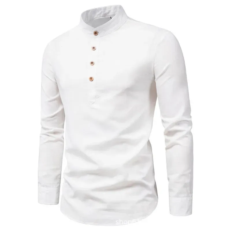 Men's solid color casual slim fitting standing collar long sleeved business shirt shirt