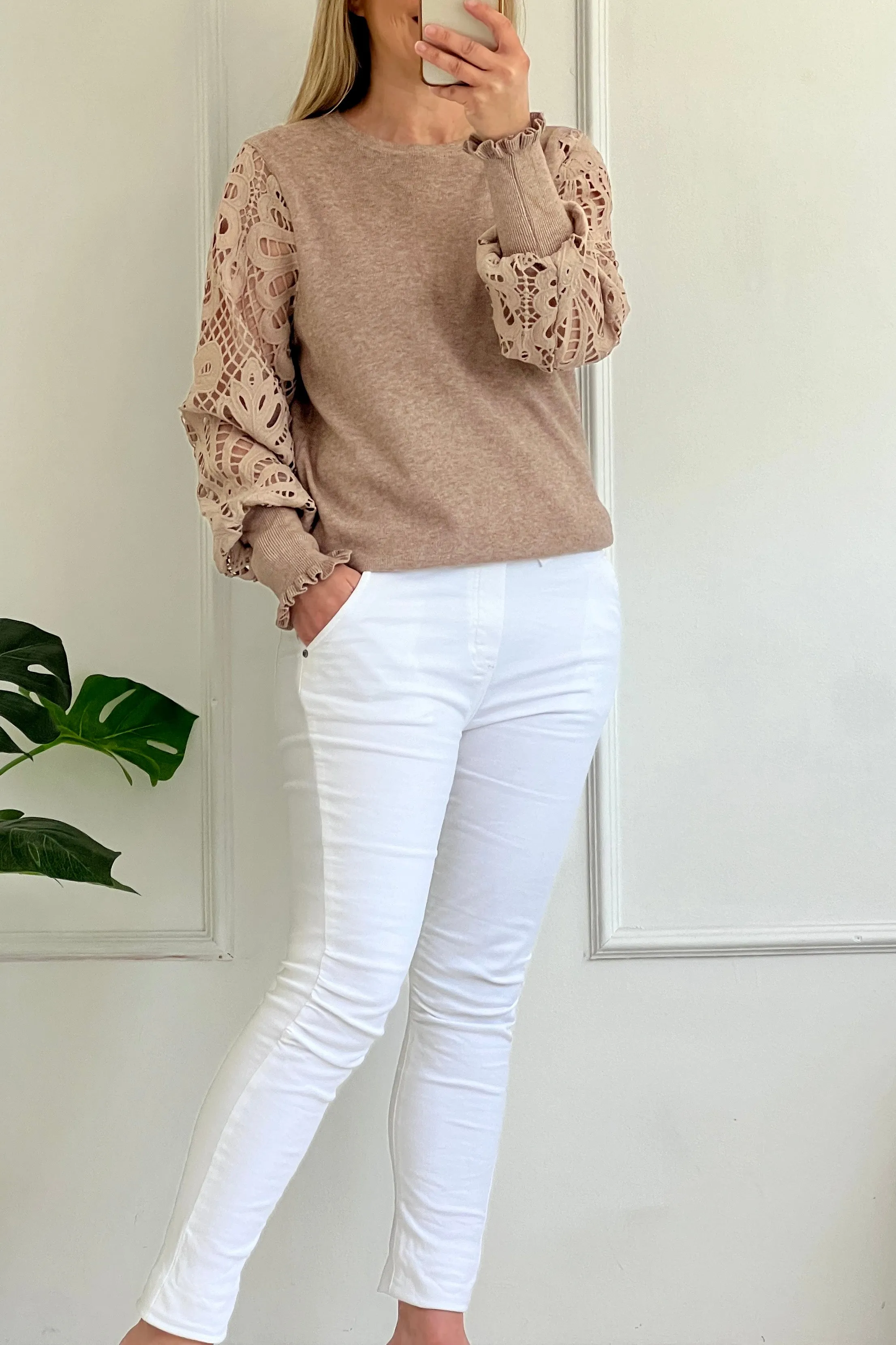 Molly Crochet Sleeve Jumper | Taupe