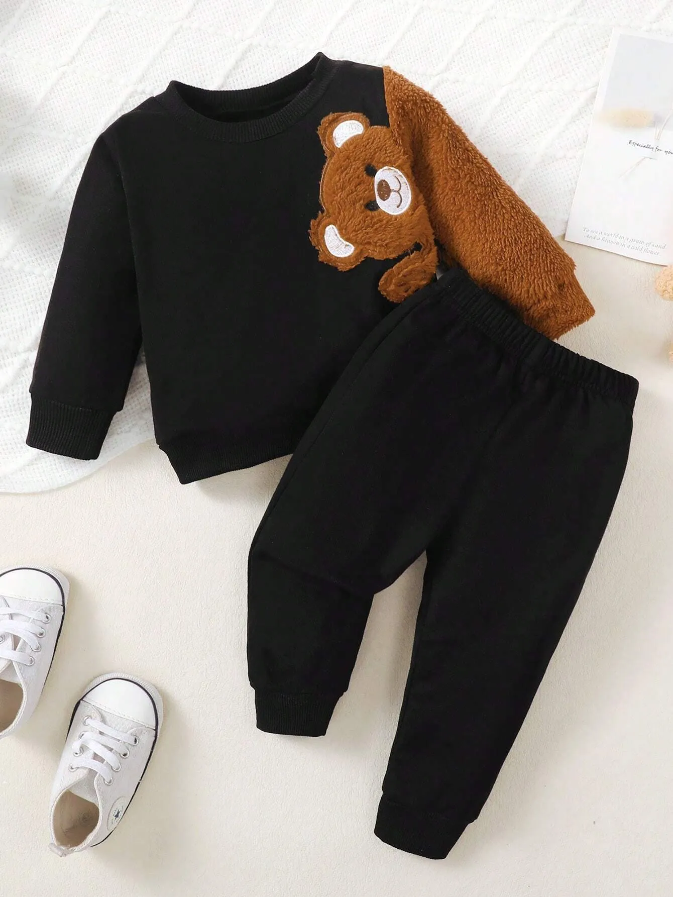 SHEIN Baby Boy Teddy Bear Embroidery Sweatshirt & Sweatpants