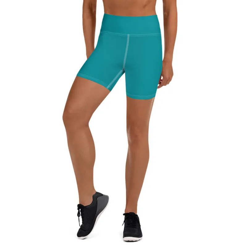 Teal Blue Yoga Shorts, Solid Color Premium Quality Fitness Workout Yoga Shorts- Made in USA/EU