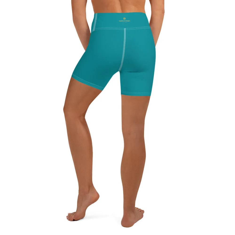 Teal Blue Yoga Shorts, Solid Color Premium Quality Fitness Workout Yoga Shorts- Made in USA/EU