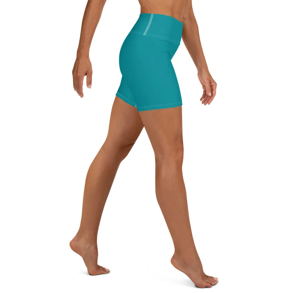 Teal Blue Yoga Shorts, Solid Color Premium Quality Fitness Workout Yoga Shorts- Made in USA/EU