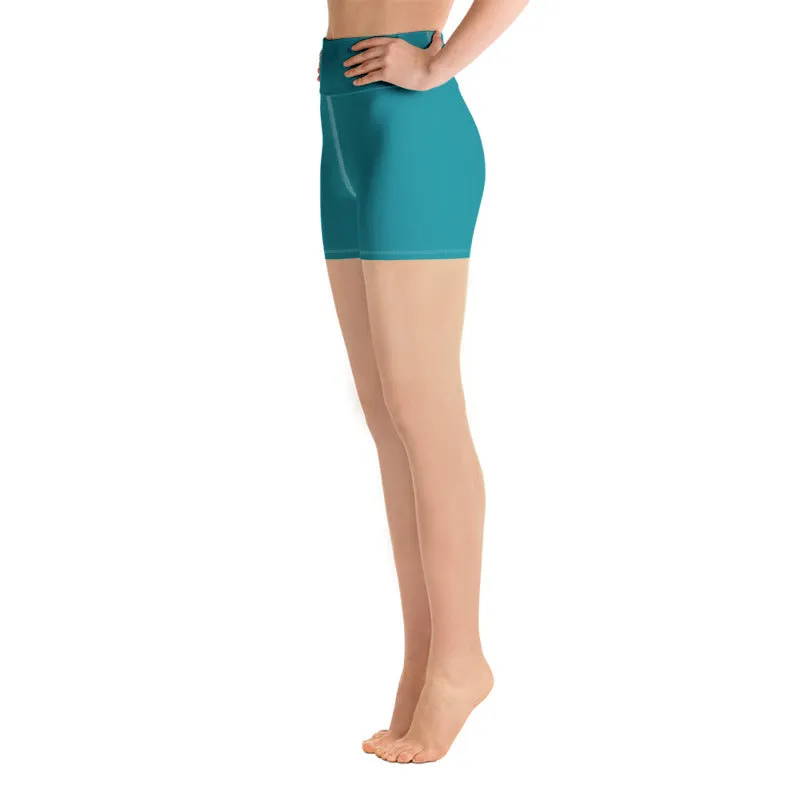 Teal Blue Yoga Shorts, Solid Color Premium Quality Fitness Workout Yoga Shorts- Made in USA/EU