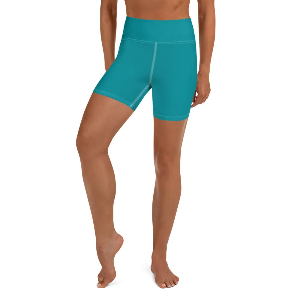 Teal Blue Yoga Shorts, Solid Color Premium Quality Fitness Workout Yoga Shorts- Made in USA/EU