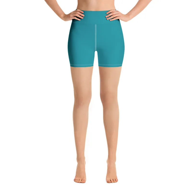 Teal Blue Yoga Shorts, Solid Color Premium Quality Fitness Workout Yoga Shorts- Made in USA/EU