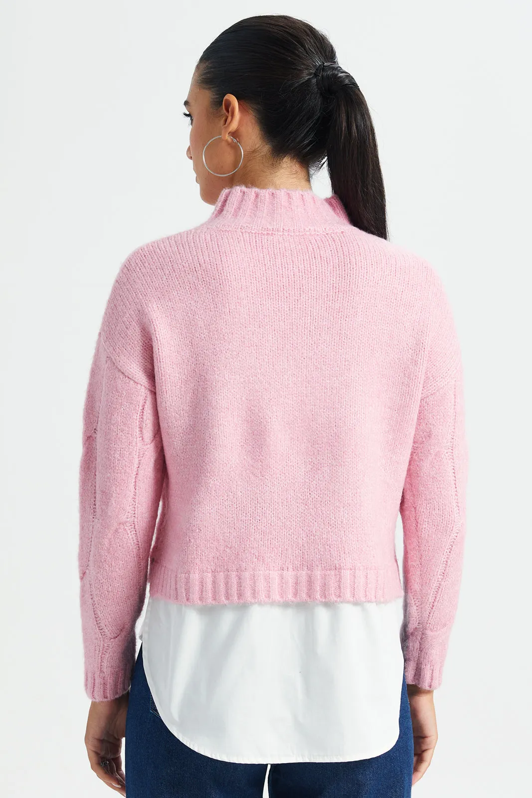 Women Pink And White High Neck Top