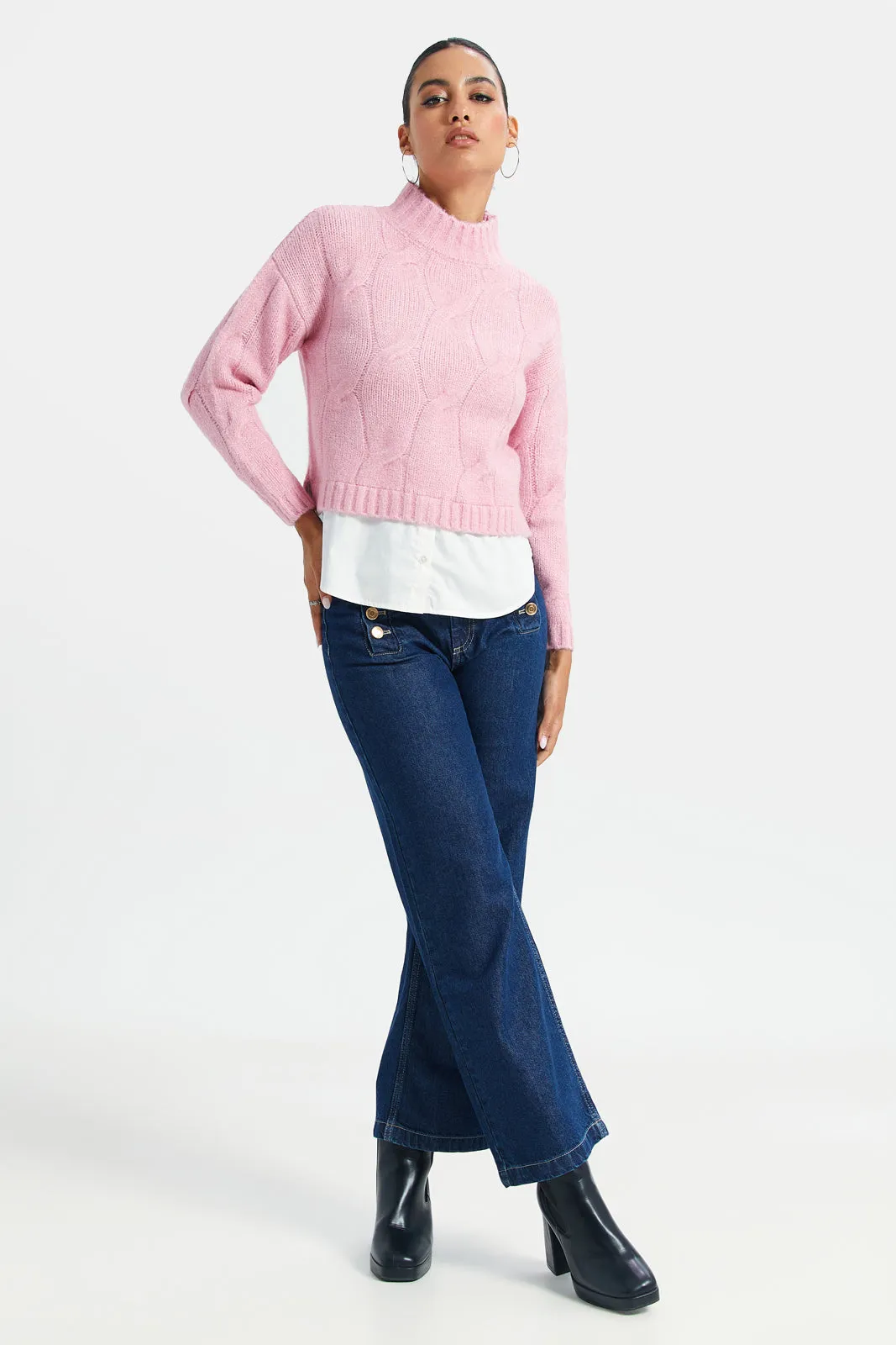 Women Pink And White High Neck Top